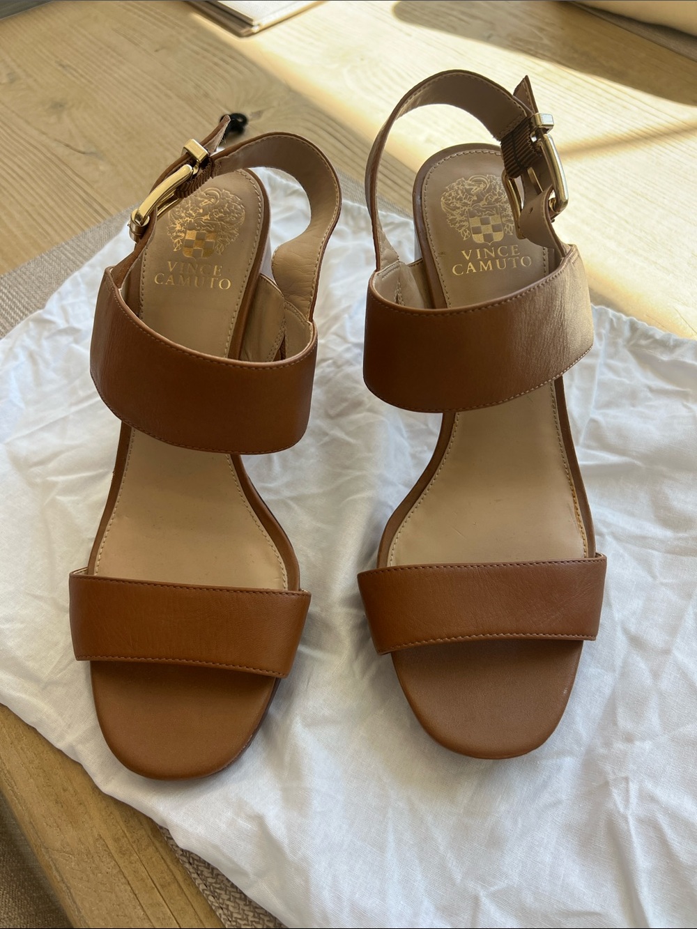 Vince Camuto Cognac Brown Leather Block Heel Sandals